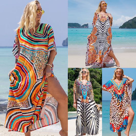 Rayon Printed Robe Seaside Holiday Sun Protection Shirt Beach Dress Bikini