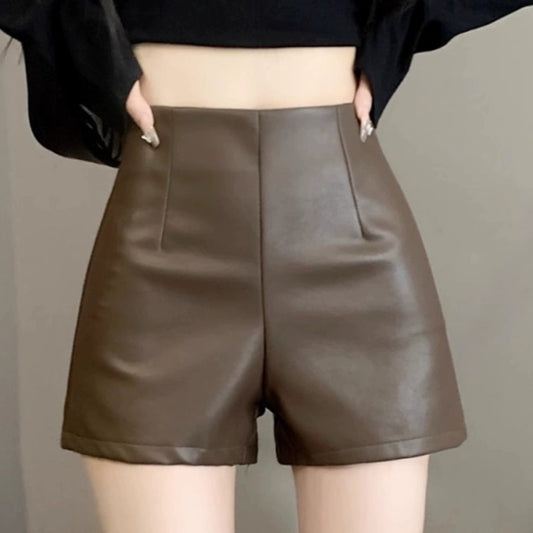 Women's High Waist Outer Wear Slimming PU Leather Shorts