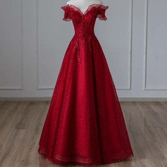 Off-shoulder Red Evening Dress For Women