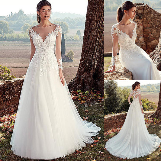 High U-neck Lace Long Sleeve A- Line Long Tail Simple Wedding Dress
